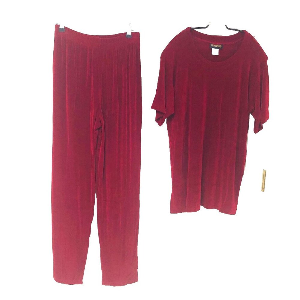 A Touch Of Class Red Knit Pantsuit Women‎ S Slinky USA Office Wrinkle Resist ATO
